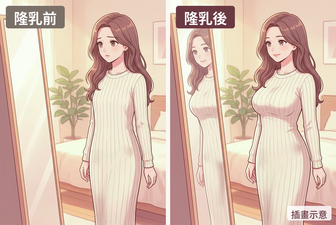 隆乳穿衣效果插畫：同一位女生穿貼身針織洋裝，隆乳後上胸撐起布料、胸腰比例明顯｜插畫示意｜妍回美學診所