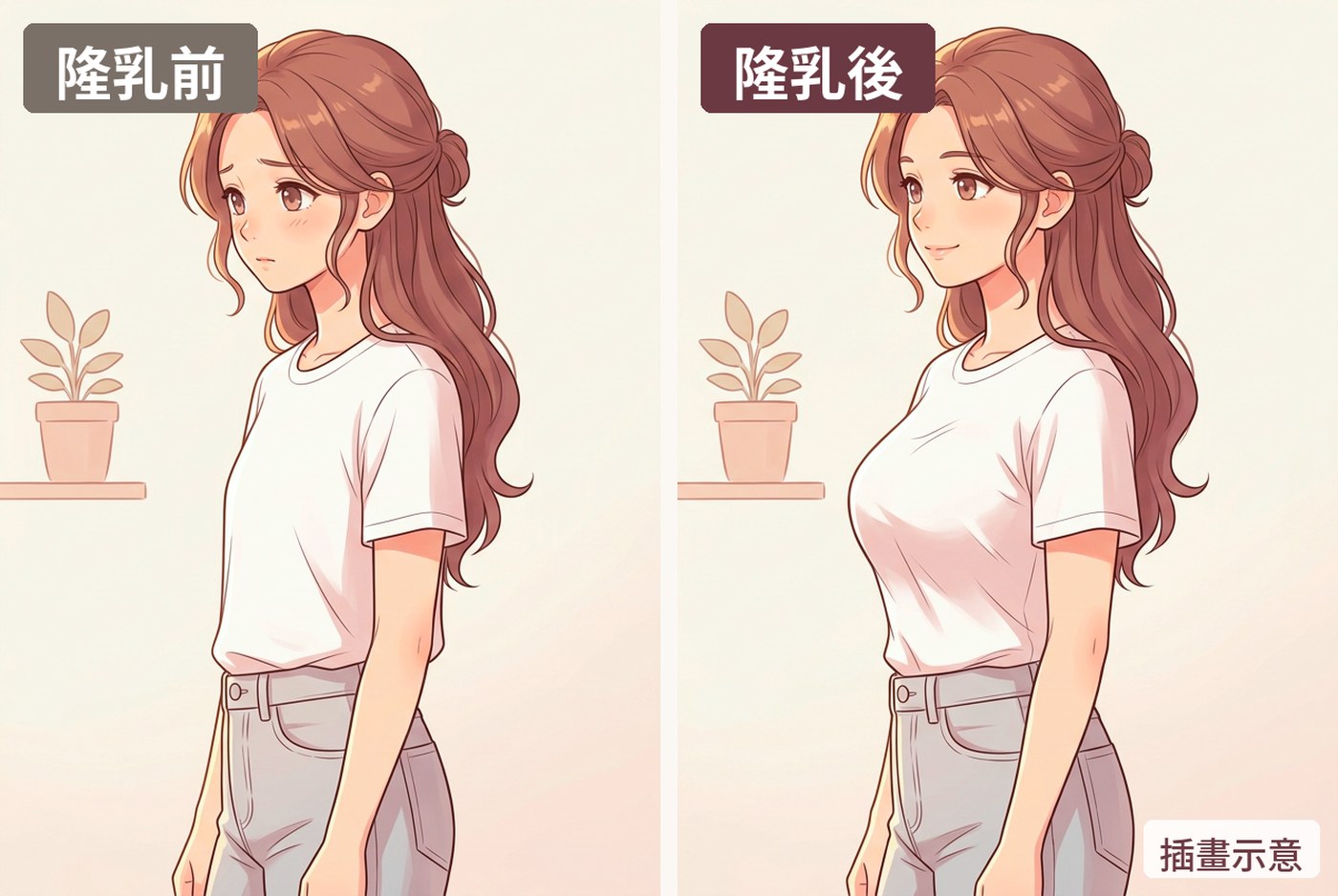 隆乳穿衣效果插畫：白 T 恤側面，隆乳後側面挺度增加、T 恤撐出胸型｜插畫示意｜妍回美學診所