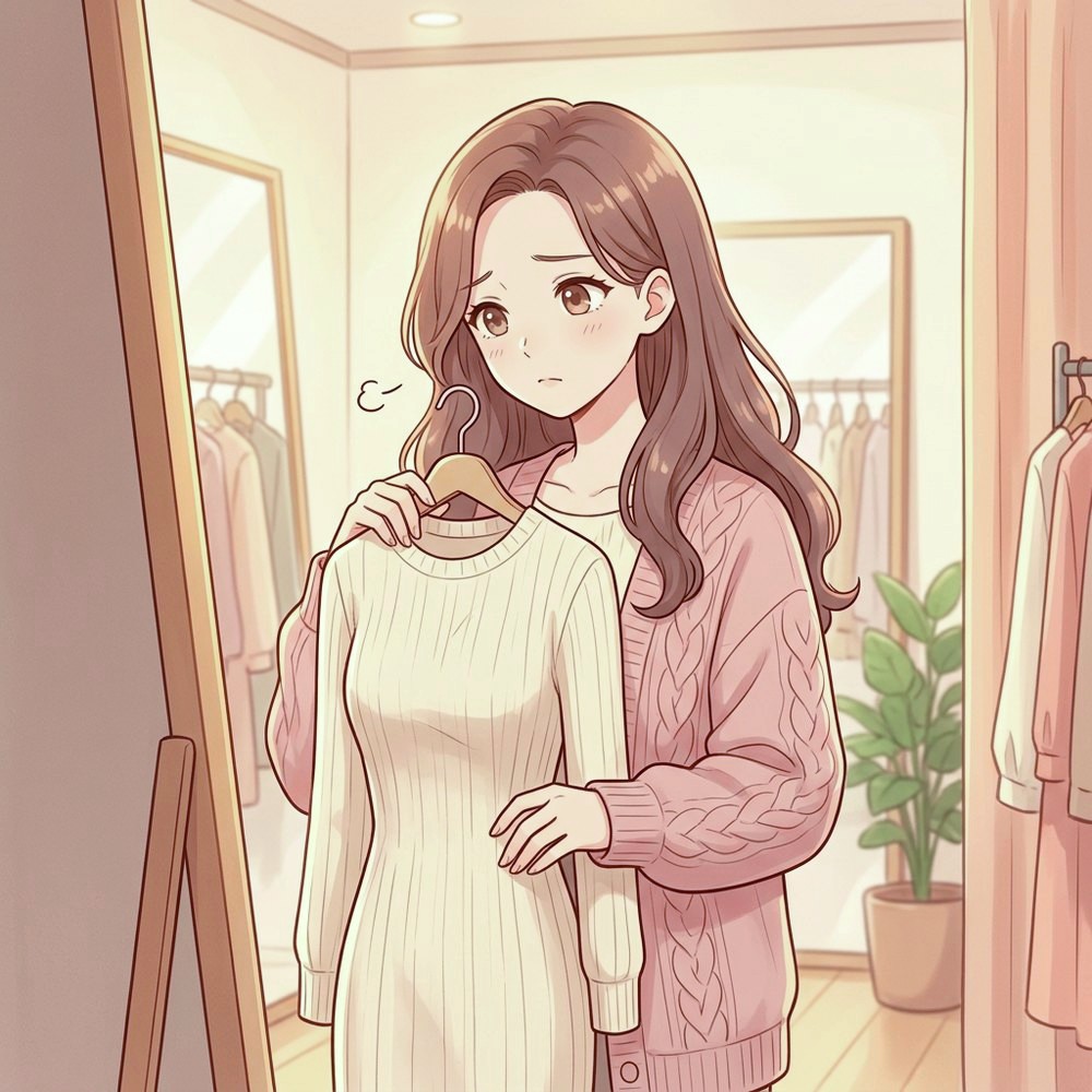 天生小胸插畫：女生在試衣間拿著合身針織洋裝比對，擔心胸前撐不起版型｜妍回美學診所