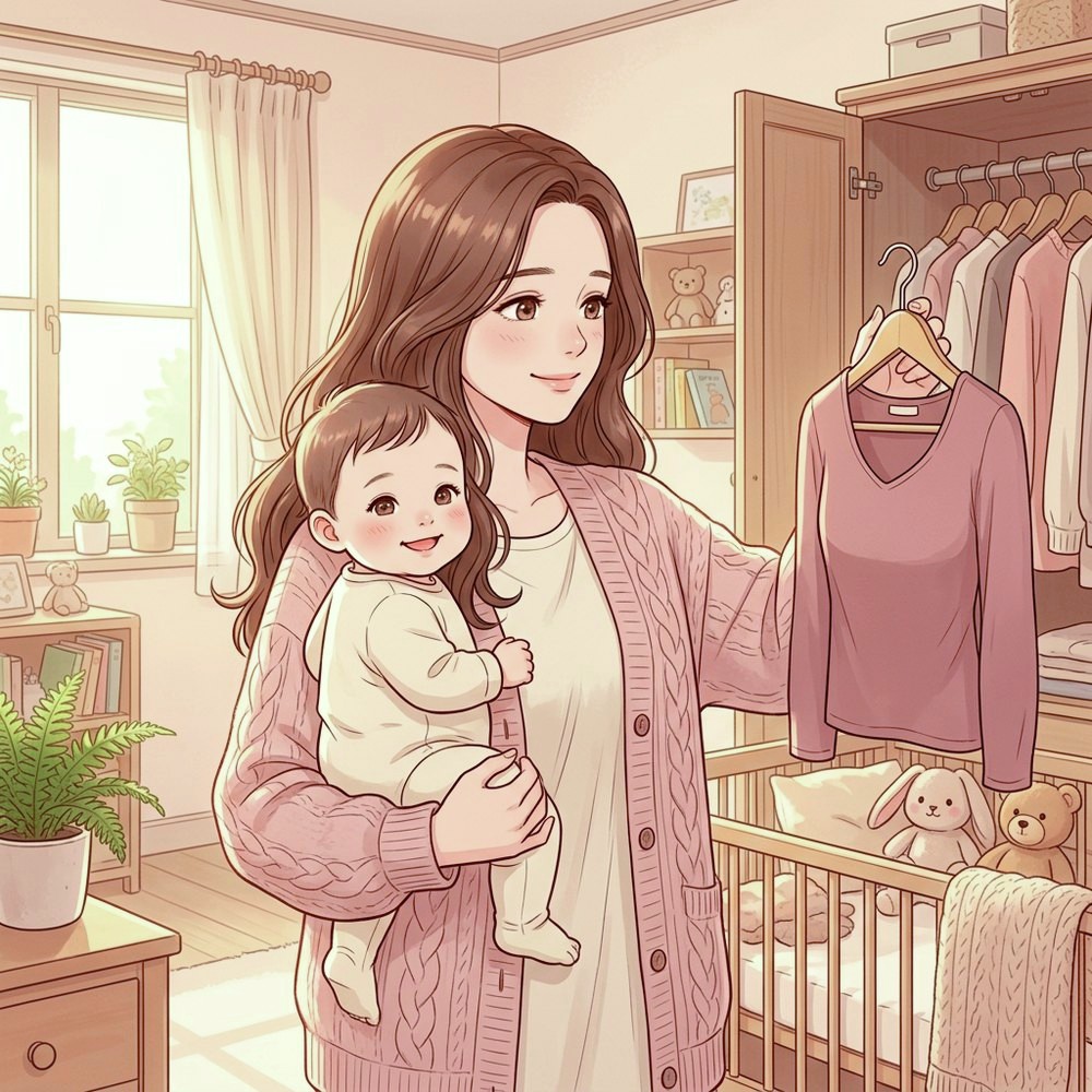 產後乳房萎縮插畫：媽媽抱著寶寶，拿起產前常穿的合身上衣｜妍回美學診所
