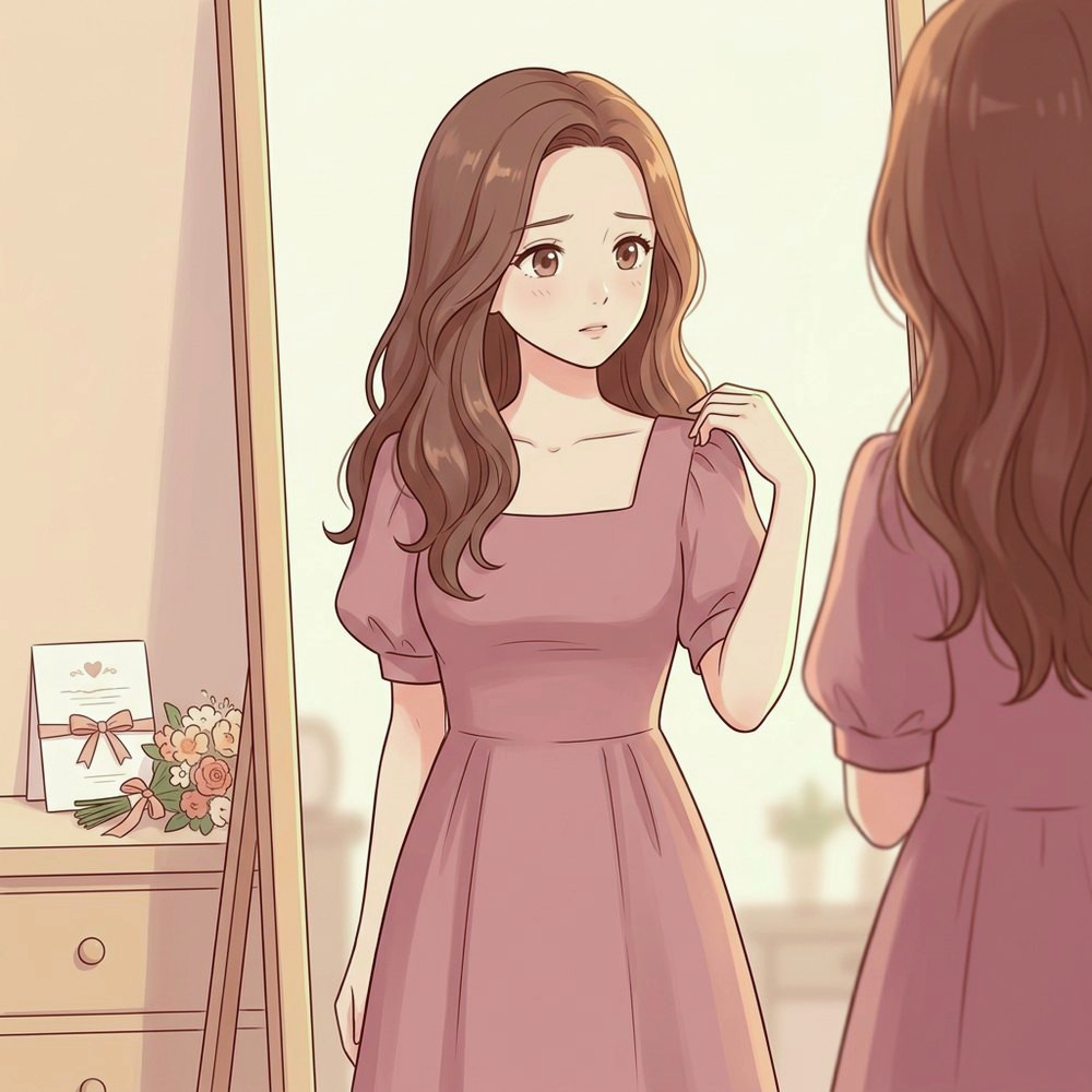 上胸凹陷插畫：女生參加婚禮前穿方領洋裝照鏡子，調整領口｜妍回美學診所
