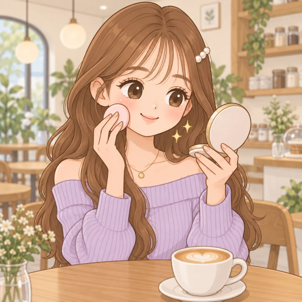 IG電波打完當天可以上妝，女生在咖啡廳拿粉撲補妝（插畫）