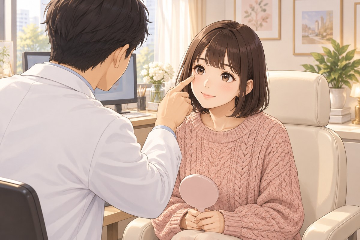 淚溝手術評估插畫:醫師在診間用指尖輕觸下眼皮,短髮女生往上看、手拿小鏡子|整形外科專科醫師現場評估|妍回美學診所