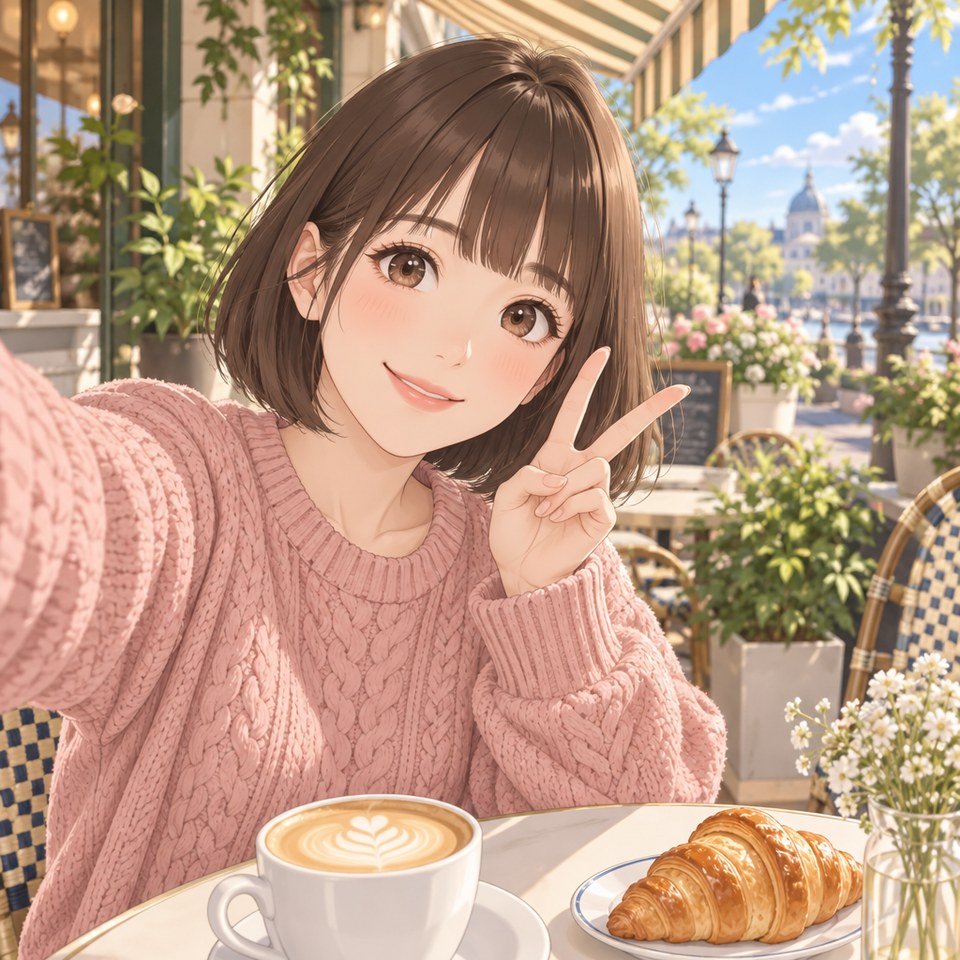 淚溝手術維持插畫:晴天早晨的咖啡廳,短髮女生拿手機自拍、比 YA 微笑,日光下眼下平順明亮|妍回美學診所