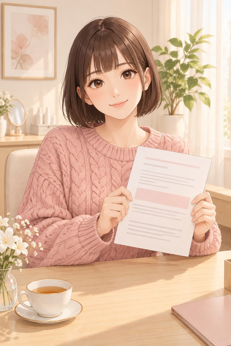 淚溝手術費用插畫：短髮女生在診間拿著治療計畫單微笑，醫師門診評估後給單一明確報價｜妍回美學診所