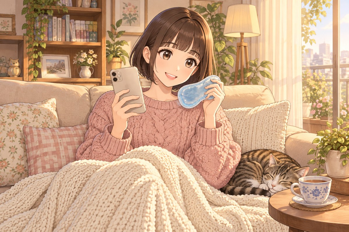 淚溝手術恢復期插畫:短髮女生在家沙發上休息,手拿冰敷眼罩、微笑看手機|術後隔天可上班|妍回美學診所