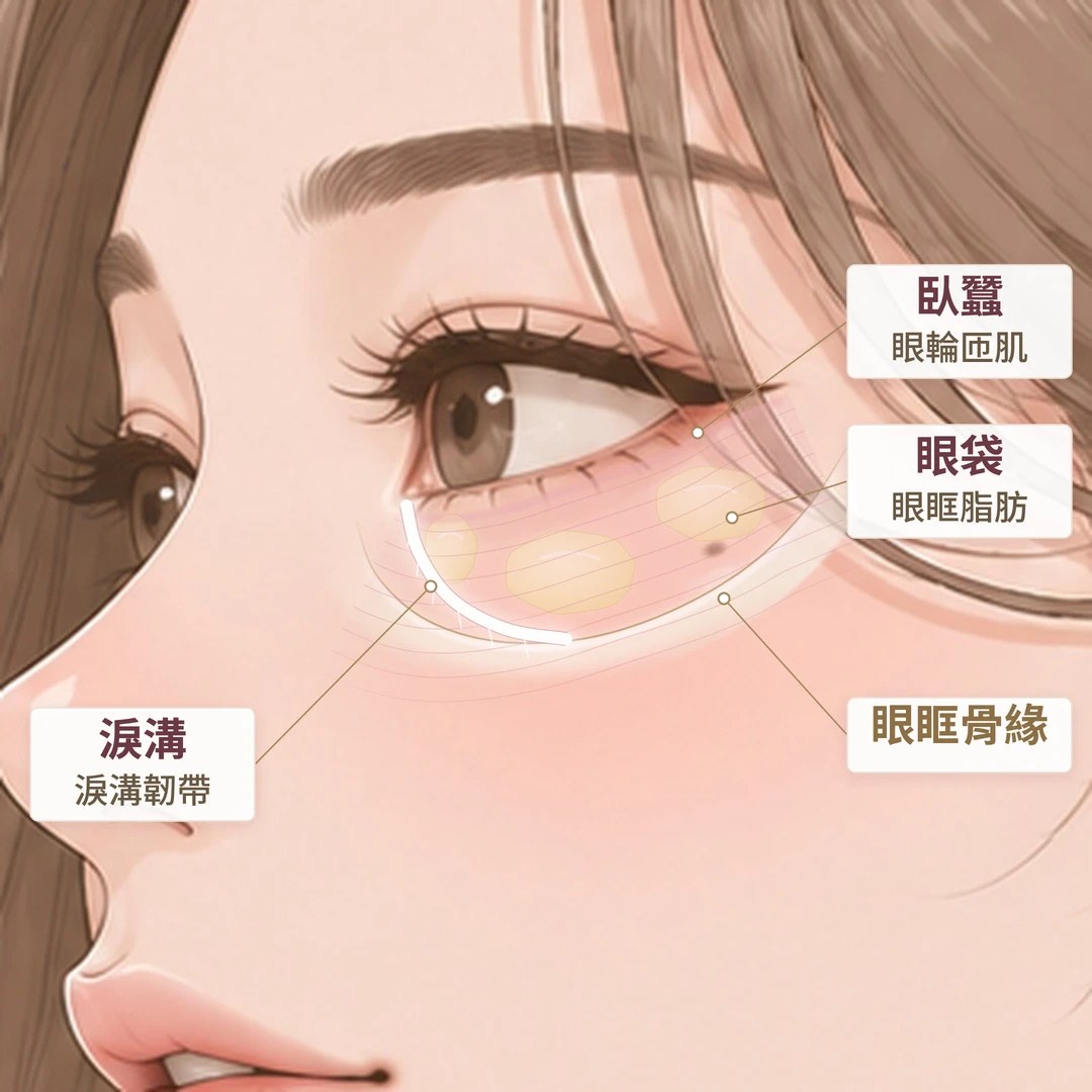 淚溝解剖示意：眼輪匝肌、眼眶脂肪、淚溝韌帶與眼眶骨緣的位置｜妍回美學診所