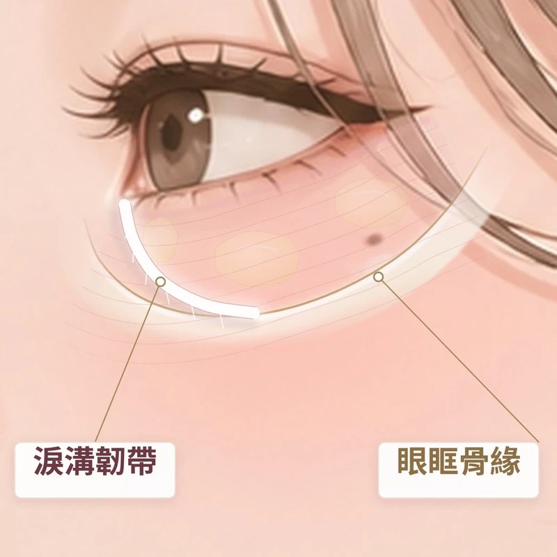 韌帶型淚溝示意：淚溝韌帶把皮膚固定在眼眶骨緣，眼下形成凹陷｜妍回美學診所