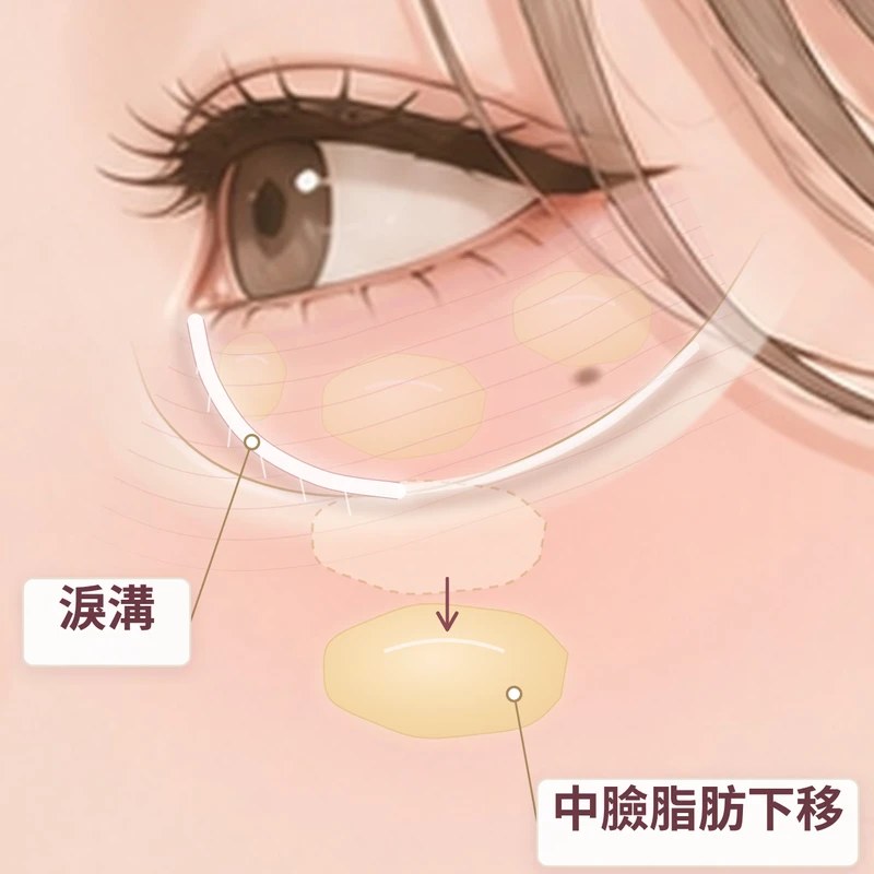 鬆弛型淚溝示意：中臉脂肪往下移，淚溝拉長加深｜妍回美學診所
