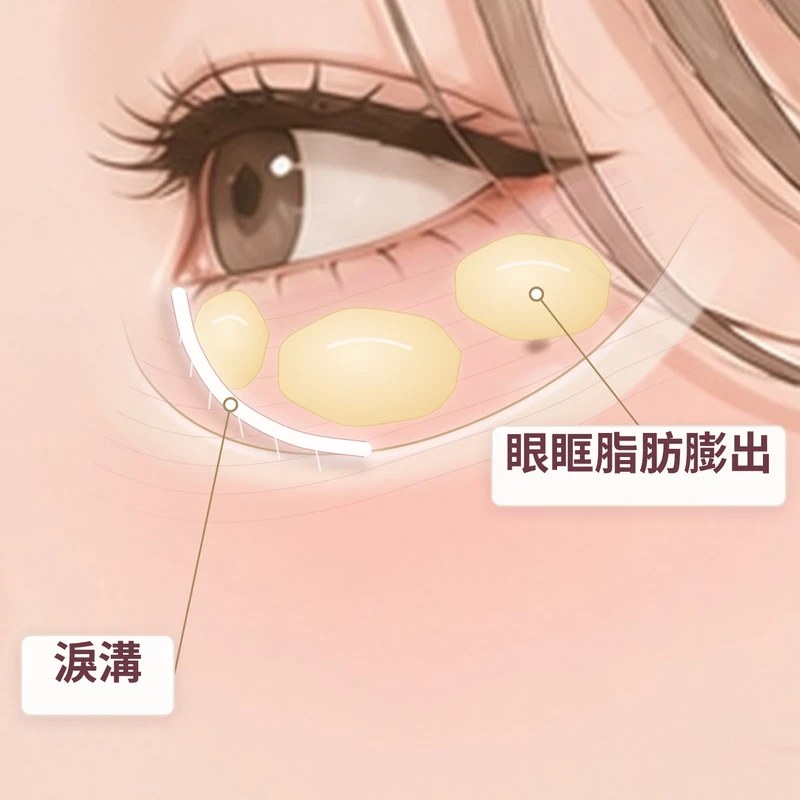 眼袋型淚溝示意：眼眶脂肪往前膨出成眼袋，下方淚溝更深｜妍回美學診所