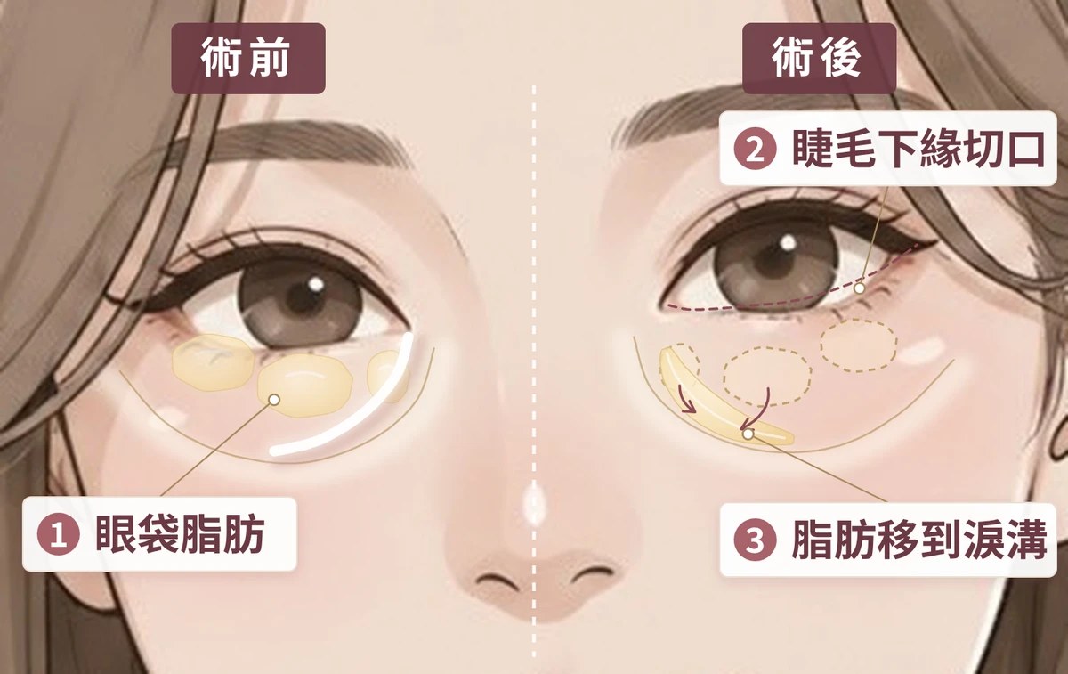 淚溝手術示意：畫面左為術前，眼袋脂肪膨出、淚溝凹陷；畫面右為術後，眼袋脂肪從原位往下移到淚溝｜妍回美學診所