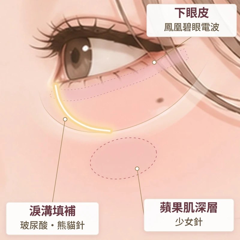 淚溝醫美施打位置示意：淚溝填補打在淚溝、少女針打在蘋果肌深層、鳳凰碧眼電波施打下眼皮｜妍回美學診所