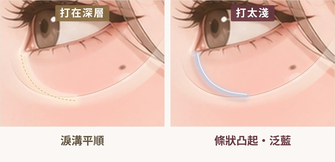 淚溝填補深淺對照：打在深層，淚溝平順；打太淺，出現條狀凸起（淚溝毛毛蟲）與泛藍｜妍回美學診所