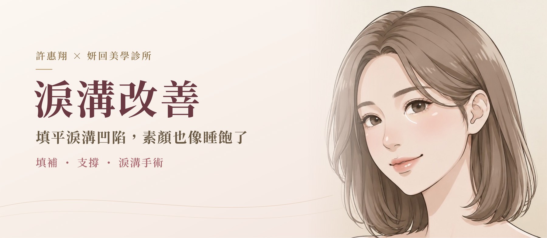 淚溝改善插畫：女生臉部完整入鏡，眼下淚溝位置以淡白線標示｜填平淚溝凹陷，素顏也像睡飽了｜許惠翔 × 妍回美學診所