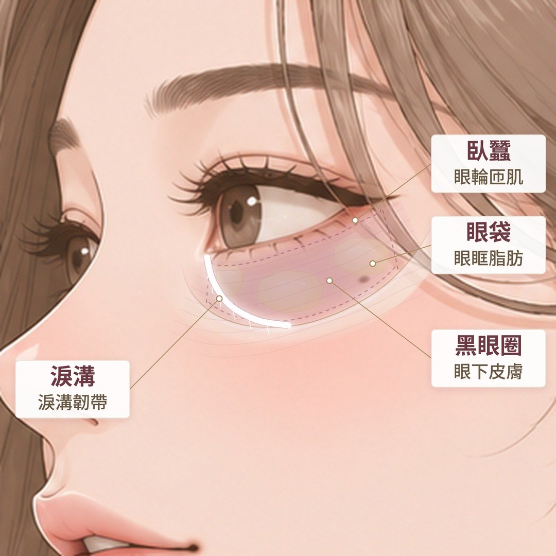 黑眼圈位置示意：黑眼圈在眼下皮膚，淚溝在內眼角往外下方，眼袋在臥蠶下方｜妍回美學診所