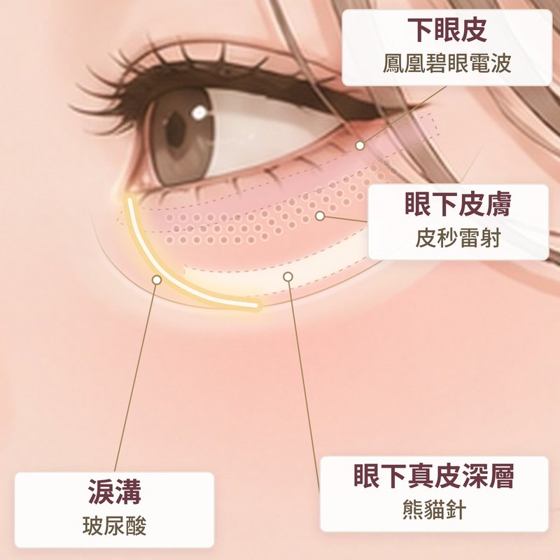 黑眼圈治療位置示意：皮秒雷射照射眼下咖啡色區，熊貓針打在眼下真皮深層，玻尿酸填在淚溝，鳳凰碧眼電波施打下眼皮｜妍回美學診所
