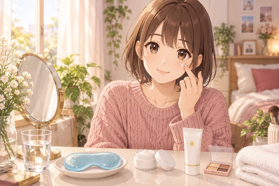 黑眼圈怎麼淡化插畫：早晨的梳妝台前，女生用無名指輕拍眼霜，桌上有冰敷眼罩、防曬乳與修色盤｜妍回美學診所