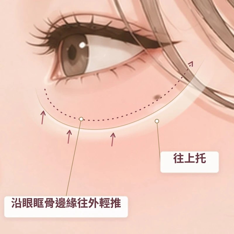 黑眼圈按摩方向示意：沿眼眶骨邊緣往外輕推，再往上托｜妍回美學診所