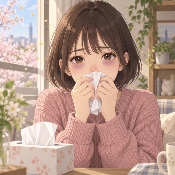 黑眼圈原因・鼻塞插畫：女生拿面紙按著鼻子，眼下偏青紫｜妍回美學診所