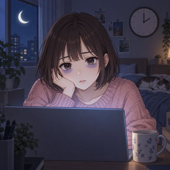 黑眼圈原因・熬夜插畫：深夜兩點對著筆電，眼下青紫浮腫｜妍回美學診所