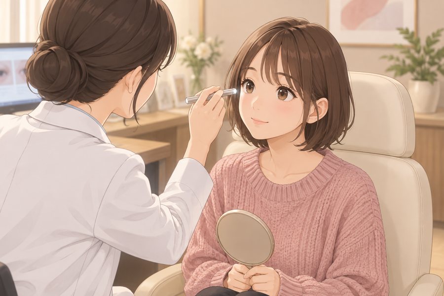 黑眼圈評估插畫：醫師拿小燈檢查眼周，女生手拿小鏡子坐在診間｜妍回美學診所