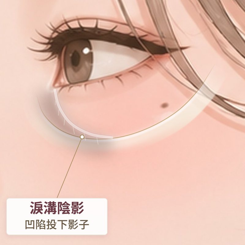 結構型黑眼圈示意：淚溝凹陷在光線下投下陰影｜妍回美學診所