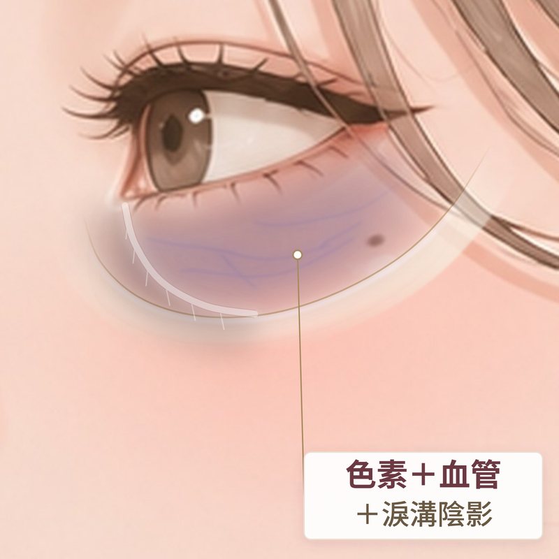 混合型黑眼圈示意：咖啡色色素、青紫色血管與淚溝陰影同時出現｜妍回美學診所