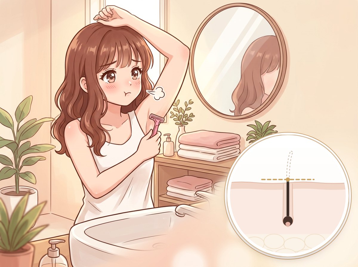 刮毛示意：對著鏡子刮腋毛，放大圖為刮掉皮膚表面的毛幹、毛囊留在皮膚裡｜妍回美學診所
