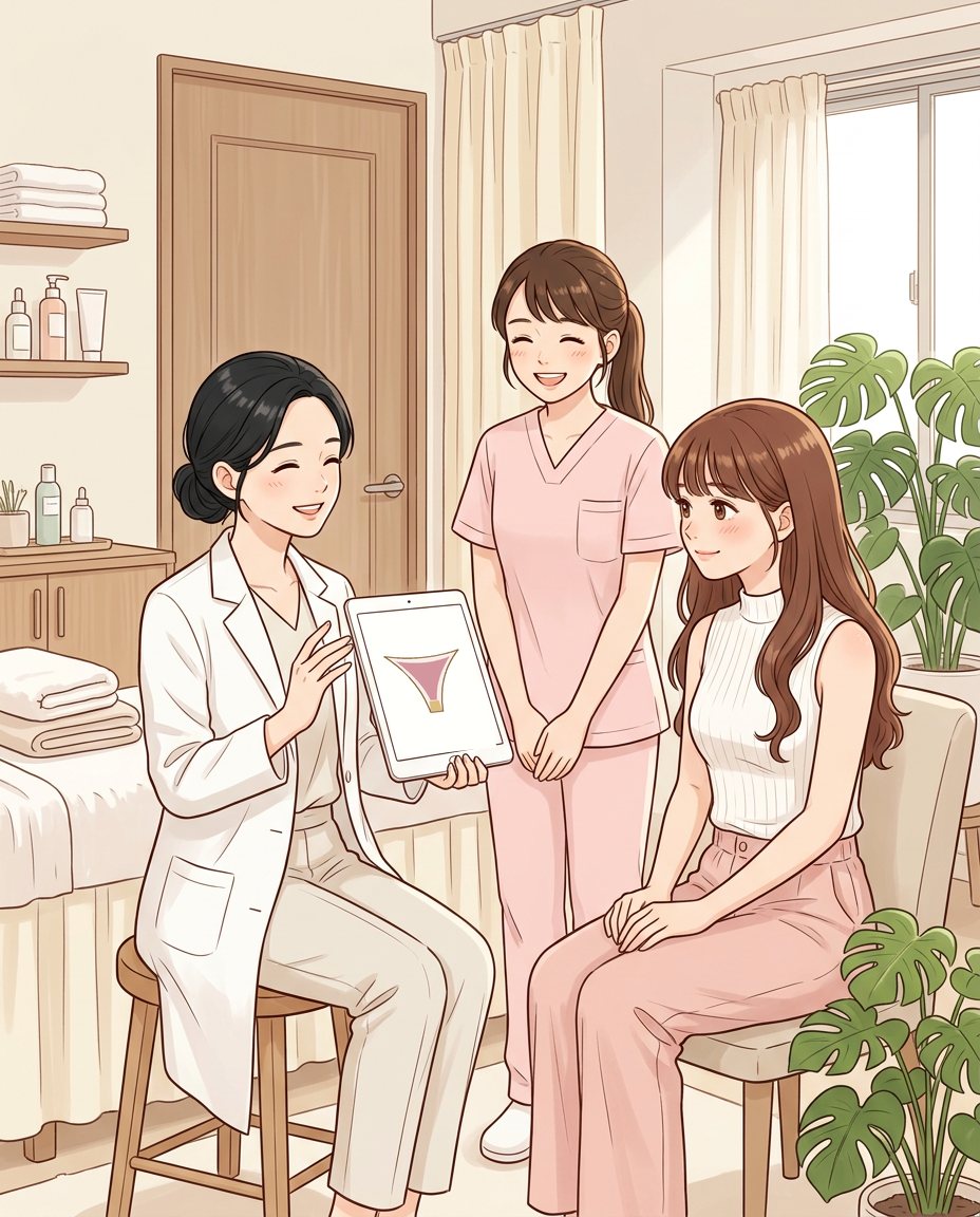 私密處除毛諮詢插畫：獨立診間裡，女醫師用平板說明除毛範圍，女性護理人員在旁｜妍回美學診所