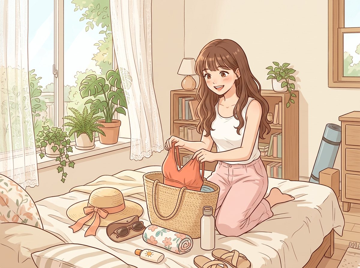私密處除毛好處插畫：女生把泳裝、遮陽帽收進海灘包，準備出門｜妍回美學診所
