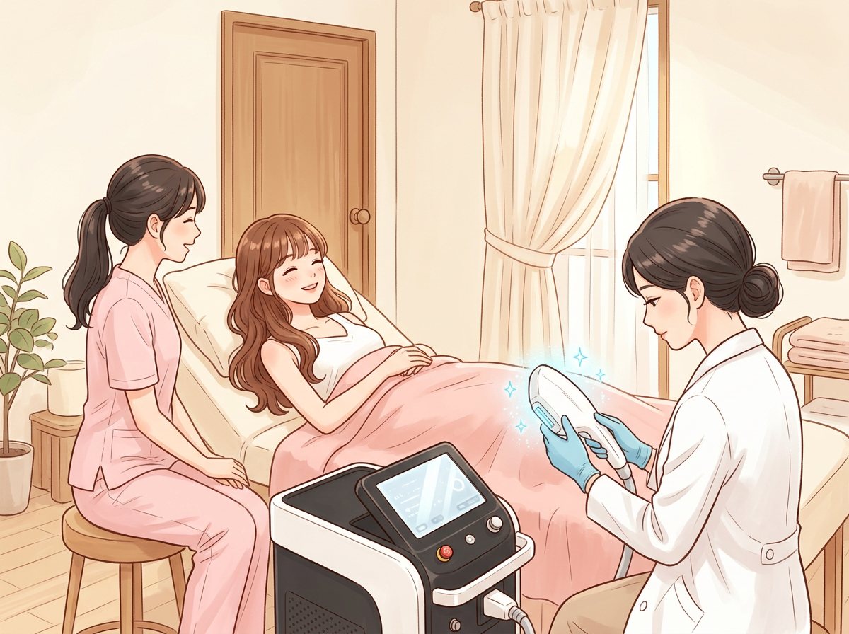 私密處除毛減痛插畫：女生蓋著毯子放鬆躺著，女性護理人員陪聊，女醫師檢查探頭的冷卻｜妍回美學診所