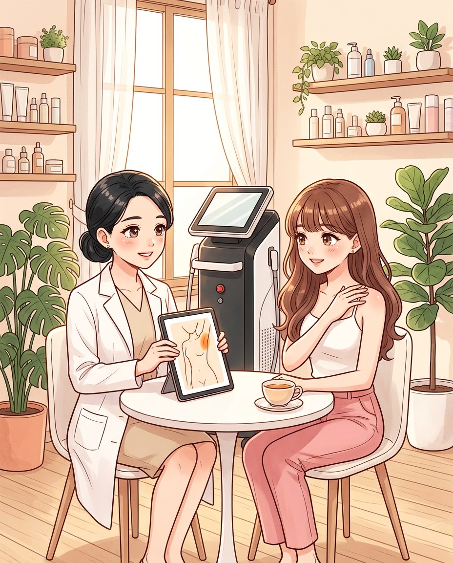 腋下除毛諮詢插畫：女醫師在諮詢桌用平板說明腋下的治療範圍，穿無袖上衣的女生在旁聆聽｜妍回美學診所