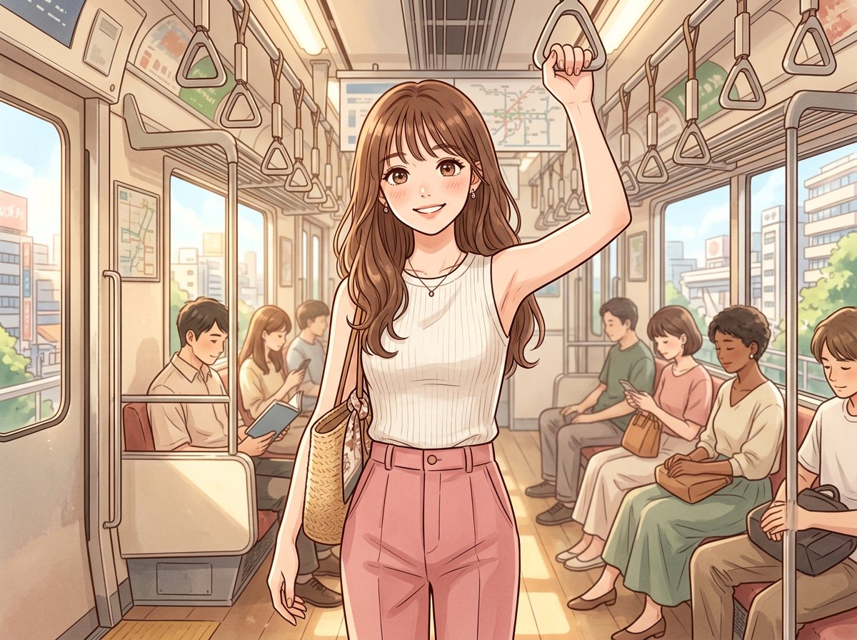 腋下除毛好處插畫：穿無袖上衣的女生在捷運上舉手拉吊環，表情輕鬆｜妍回美學診所