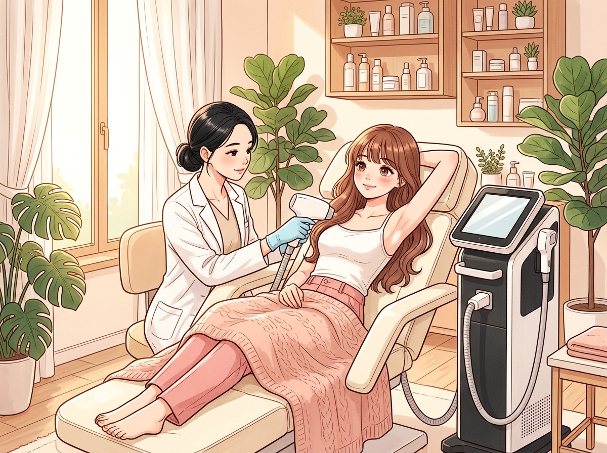 腋下除毛流程插畫：女生躺在治療椅上舉起手臂，女醫師用海神除毛探頭施打腋下｜妍回美學診所