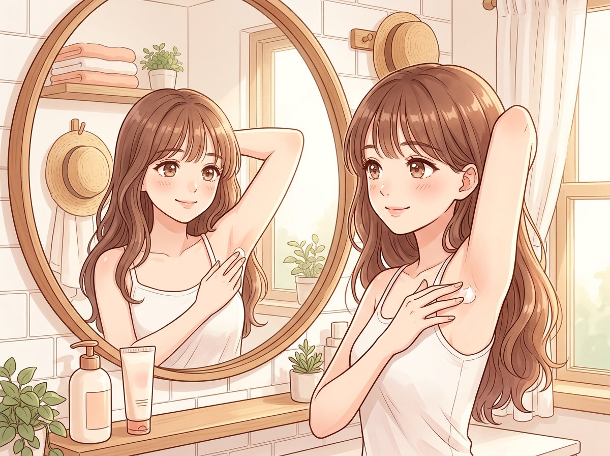 腋下除毛術後照顧插畫：女生洗完澡在浴室鏡前，舉手在腋下擦保濕乳液｜妍回美學診所