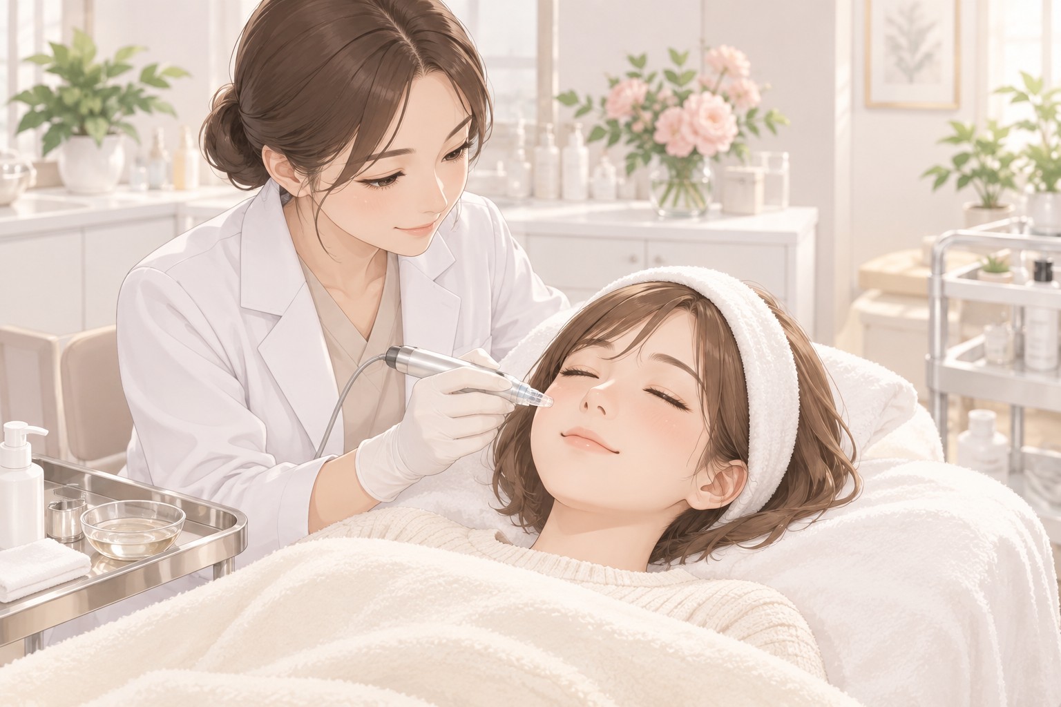 低能量皮秒＋白瓷水光導入：醫師用導入筆把精華導入臉頰｜肝斑治療流程第 3 步｜妍回美學診所
