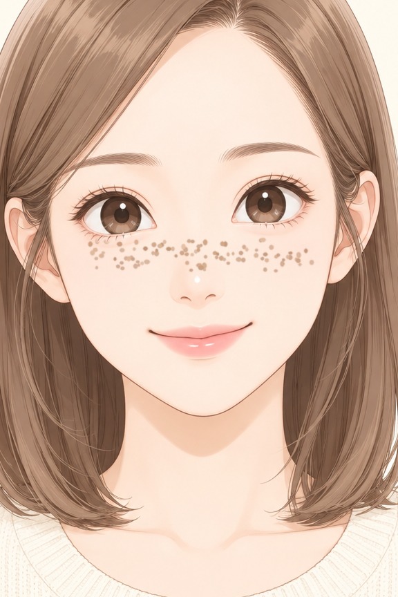 雀斑示意|鼻樑與兩頰一顆顆淺褐色小點,色素在表皮|妍回美學診所