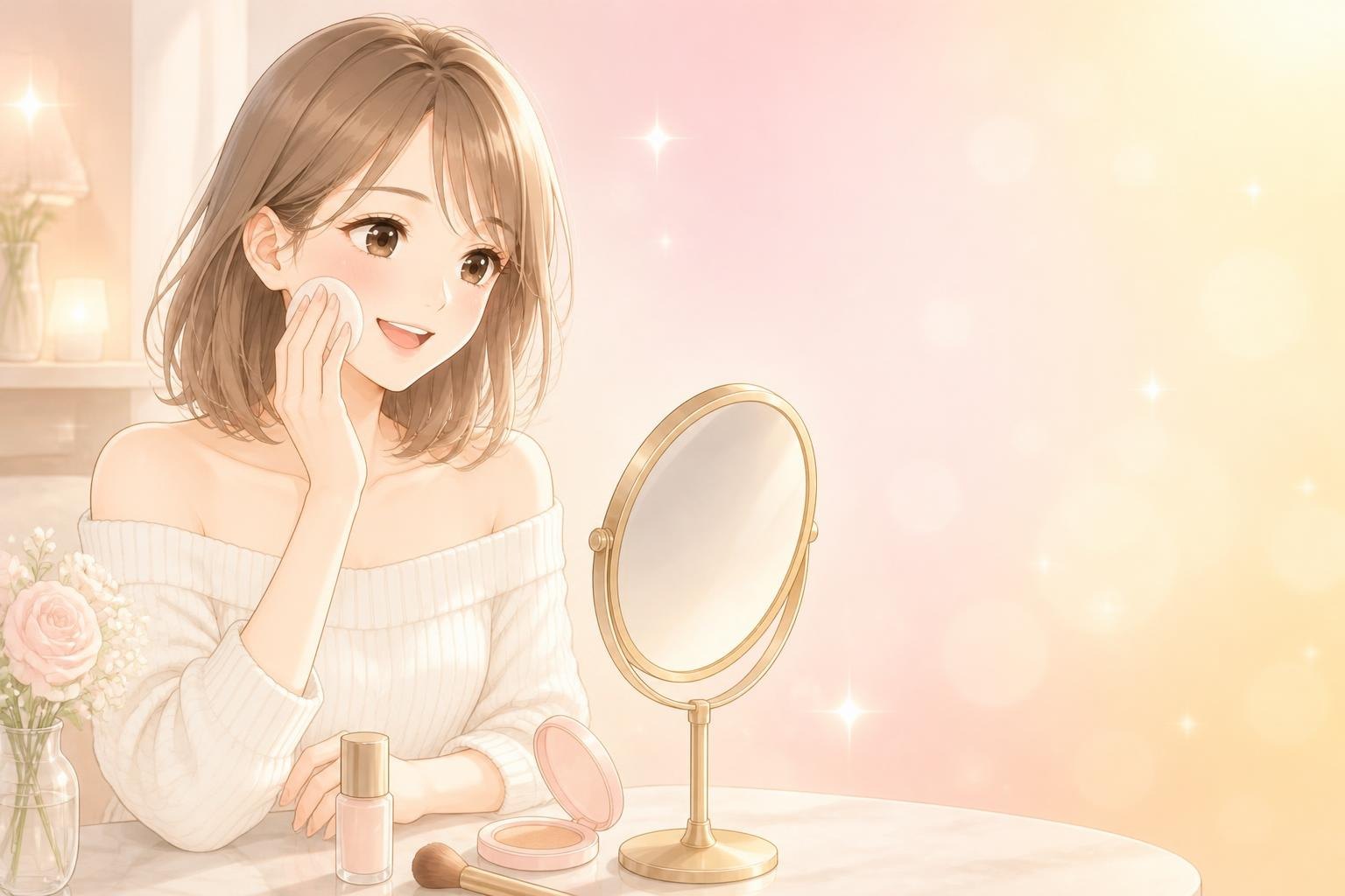 打完雷射可以化妝：泛紅退了就上底妝｜女生坐在梳妝台前，用粉撲輕拍上底妝，臉頰乾淨透亮｜妍回美學診所