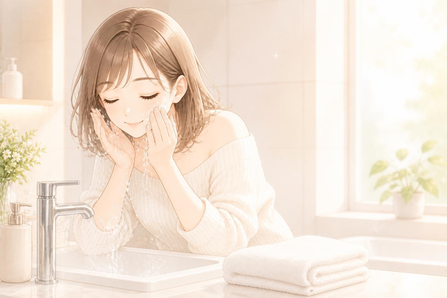 皮膚雷射後保養：術後當天用溫水洗臉｜女生在洗手台捧水輕拍洗臉｜妍回美學診所