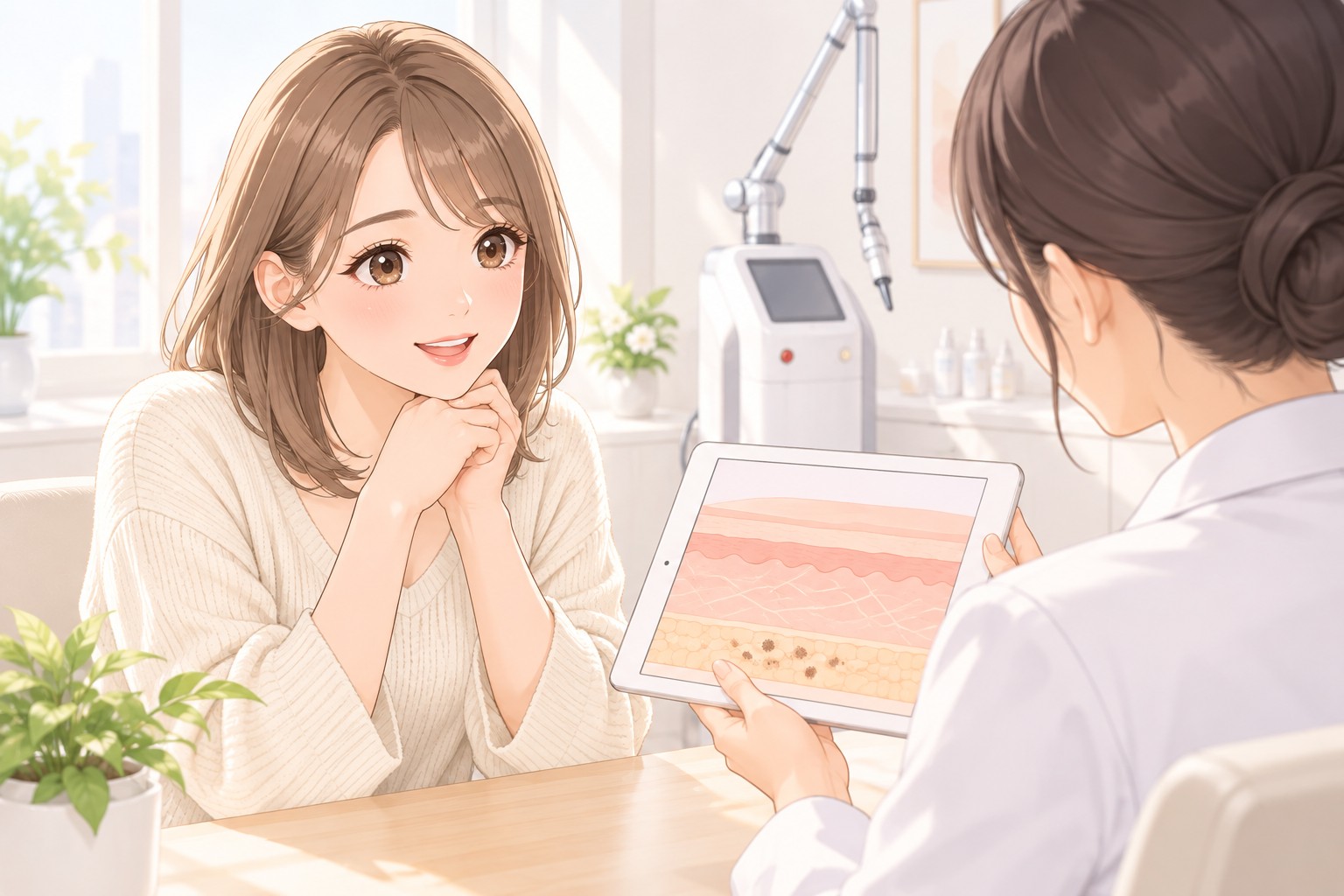 顴骨母斑怎麼去除｜醫師用平板說明顴骨母斑的色素在真皮，755nm 皮秒雷射分次打｜妍回美學診所