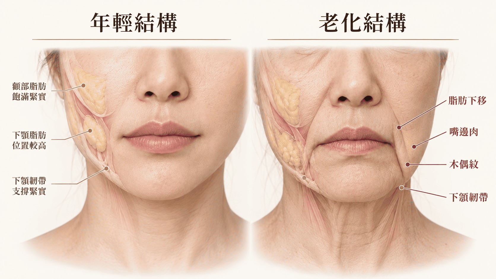 木偶紋成因示意圖，顯示韌帶鬆弛與脂肪下移的結構變化