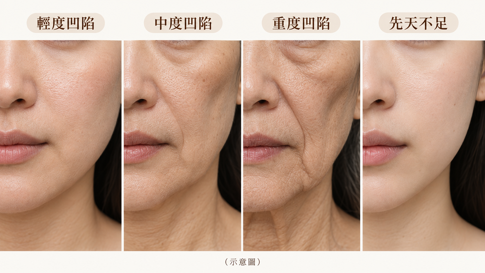 蘋果肌凹陷分型對照圖，輕中重度與先天不足四種類型