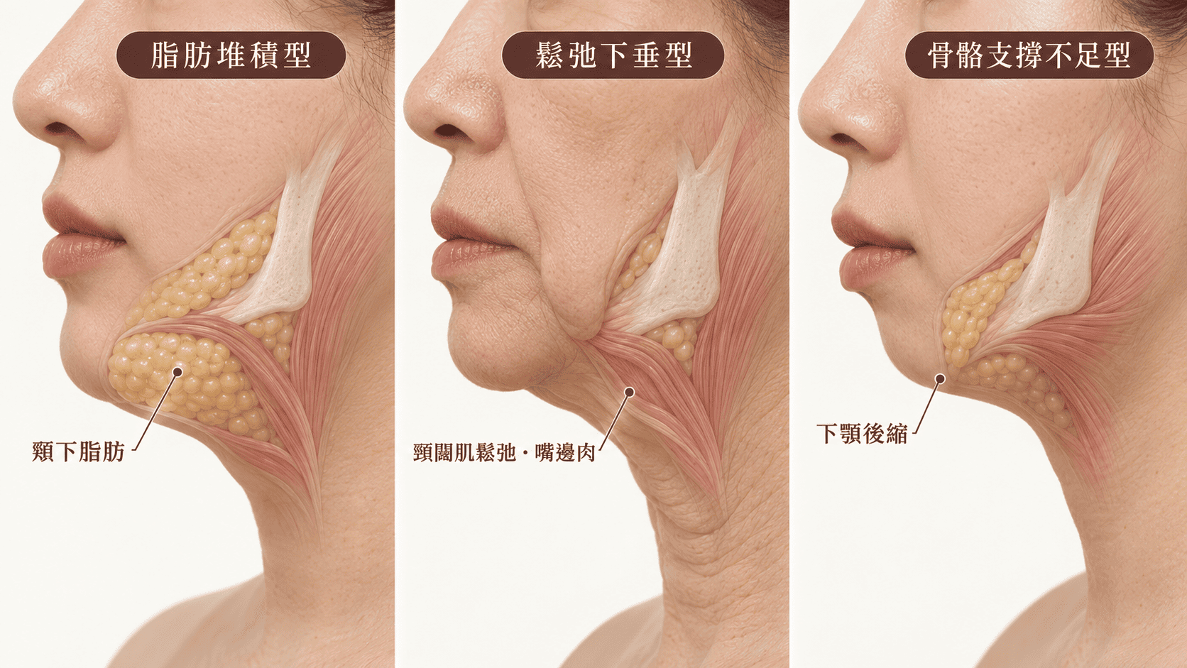 雙下巴成因示意：脂肪堆積、皮膚鬆弛、骨骼支撐減少三大面向