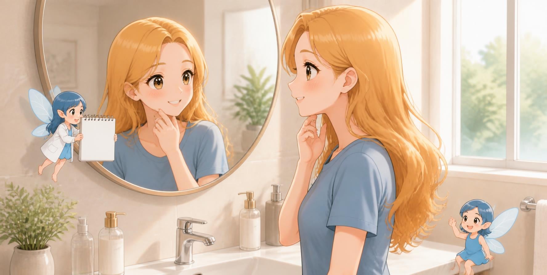 玻尿酸下巴多久定型插畫：早上在家照鏡子摸下巴線條，小精靈拿著記事板陪著｜妍回美學診所