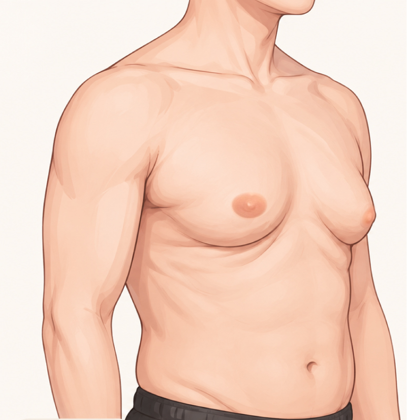 男性女乳症手術前示意插畫：胸前隆起、乳頭下方隆起｜妍回美學診所