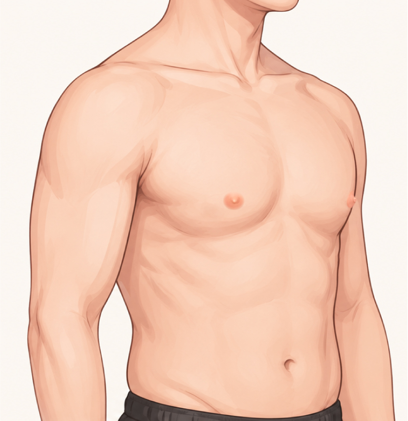 男性女乳手術後示意插畫：胸膛平坦、乳頭平貼、胸下緣與側胸線條平順｜妍回美學診所